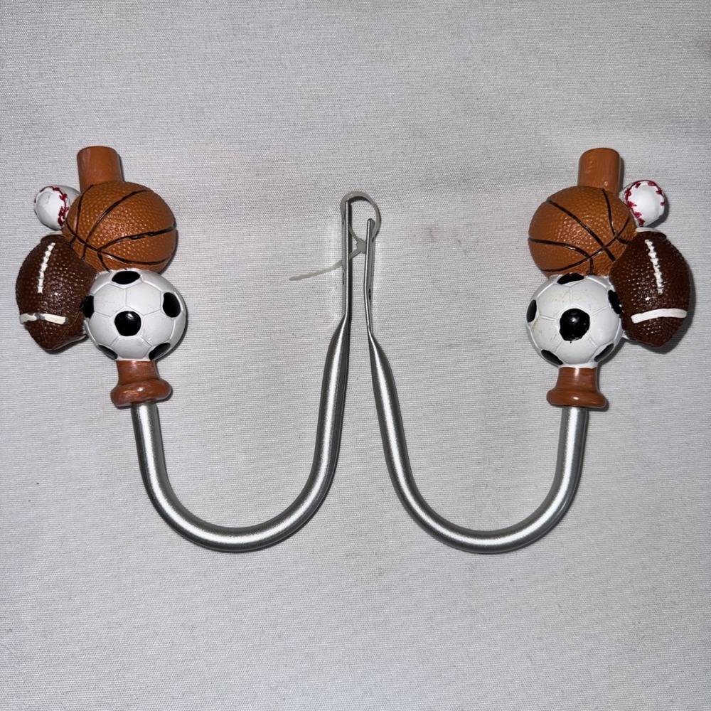 Sports Curtain/Wall Hook Set of 2 Basketball Football Soccer Baseball Kids Room - Picture 2 of 6